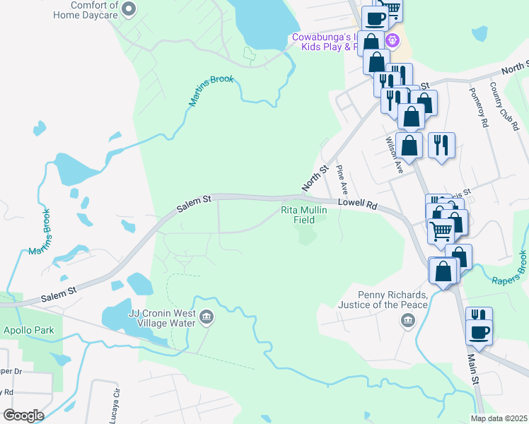 map of restaurants, bars, coffee shops, grocery stores, and more near 102 Lowell Road in North Reading