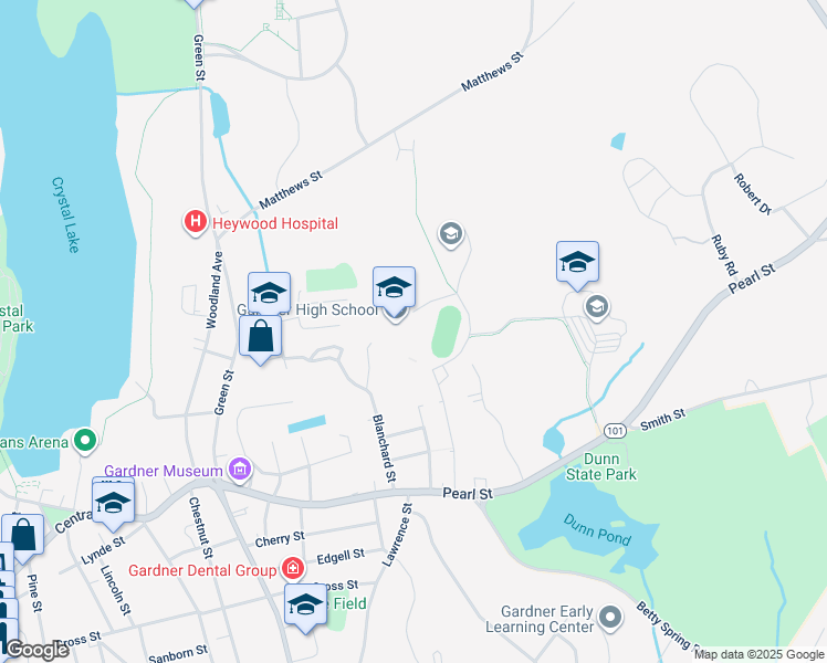map of restaurants, bars, coffee shops, grocery stores, and more near 297 Catherine Street in Gardner