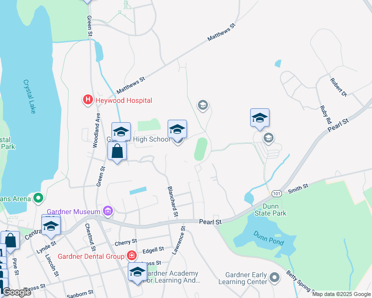 map of restaurants, bars, coffee shops, grocery stores, and more near 297 Catherine Street in Gardner