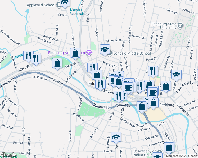 map of restaurants, bars, coffee shops, grocery stores, and more near 633 Main Street in Fitchburg