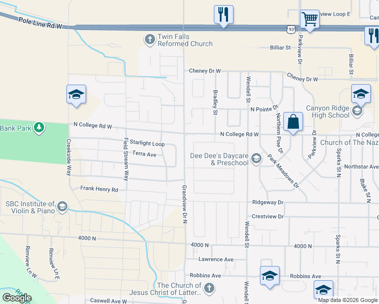map of restaurants, bars, coffee shops, grocery stores, and more near 920 Starlight Loop in Twin Falls
