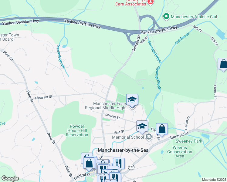 map of restaurants, bars, coffee shops, grocery stores, and more near 119 School Street in Manchester-by-the-Sea