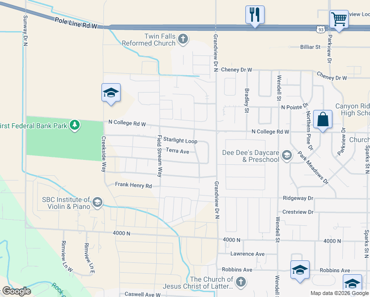 map of restaurants, bars, coffee shops, grocery stores, and more near 1029 Terra Avenue in Twin Falls
