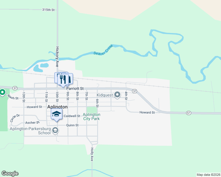 map of restaurants, bars, coffee shops, grocery stores, and more near 500 Parriott Street in Aplington