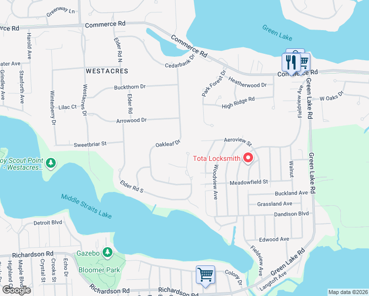 map of restaurants, bars, coffee shops, grocery stores, and more near 3884 Elder Road South in West Bloomfield Township