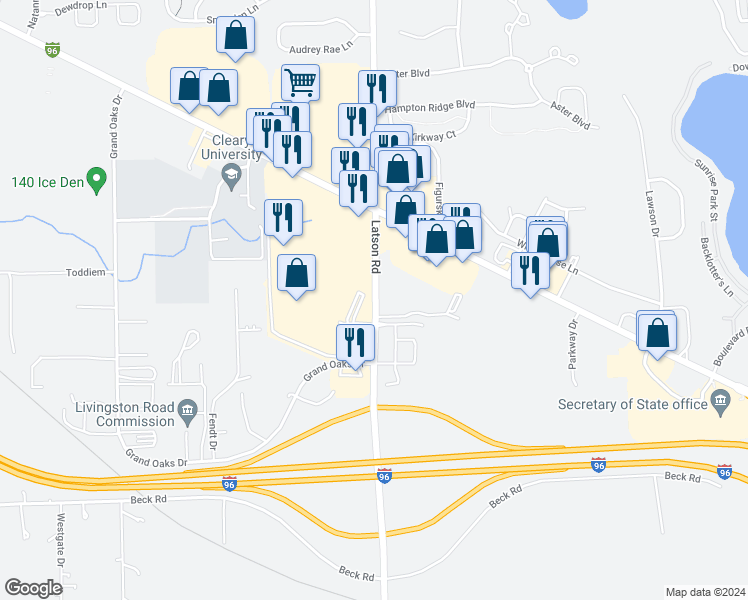 map of restaurants, bars, coffee shops, grocery stores, and more near 1093 South Latson Road in Howell