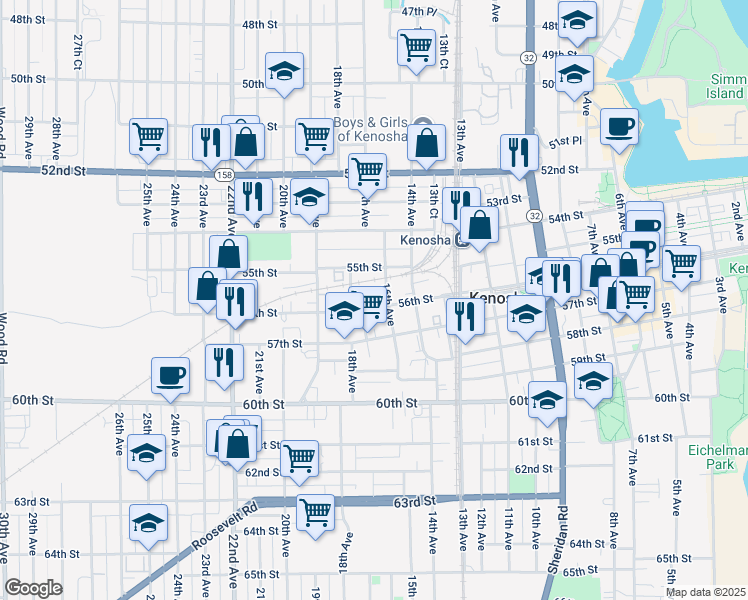 map of restaurants, bars, coffee shops, grocery stores, and more near 1615 56th Street in Kenosha