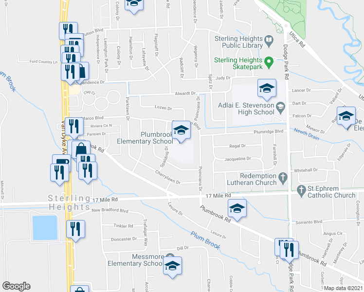 map of restaurants, bars, coffee shops, grocery stores, and more near 39660 Spalding Drive in Sterling Heights