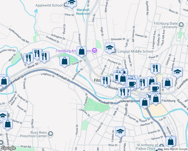 map of restaurants, bars, coffee shops, grocery stores, and more near 718 Main Street in Fitchburg