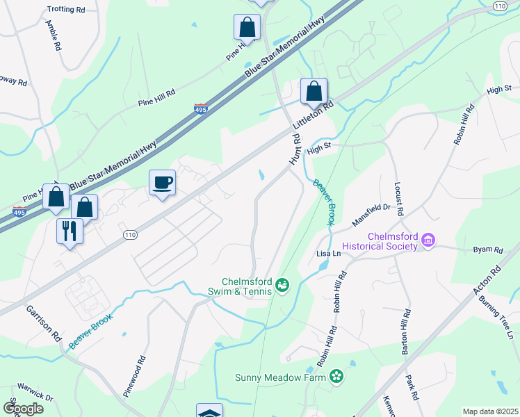 map of restaurants, bars, coffee shops, grocery stores, and more near 92 Hunt Road in Chelmsford