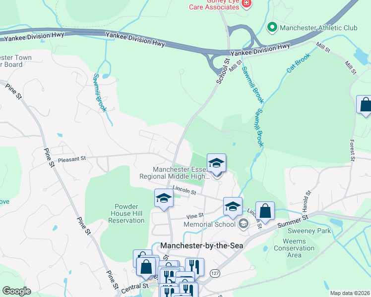 map of restaurants, bars, coffee shops, grocery stores, and more near 119 School Street in Manchester-by-the-Sea