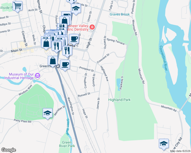 map of restaurants, bars, coffee shops, grocery stores, and more near 16 James Street in Greenfield