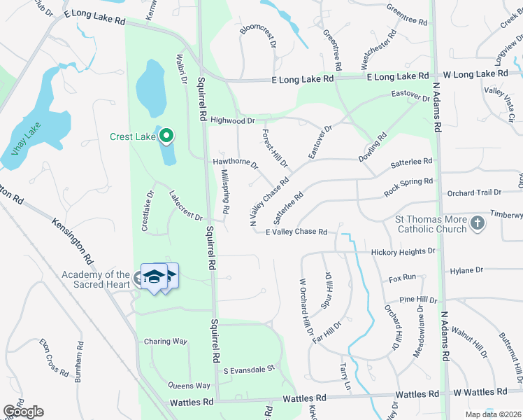 map of restaurants, bars, coffee shops, grocery stores, and more near 716 North Valley Chase Road in Bloomfield Hills
