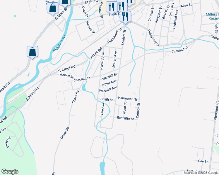 map of restaurants, bars, coffee shops, grocery stores, and more near 94 Warwick Avenue in Athol