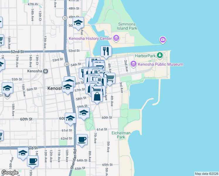 map of restaurants, bars, coffee shops, grocery stores, and more near 404 58th Street in Kenosha