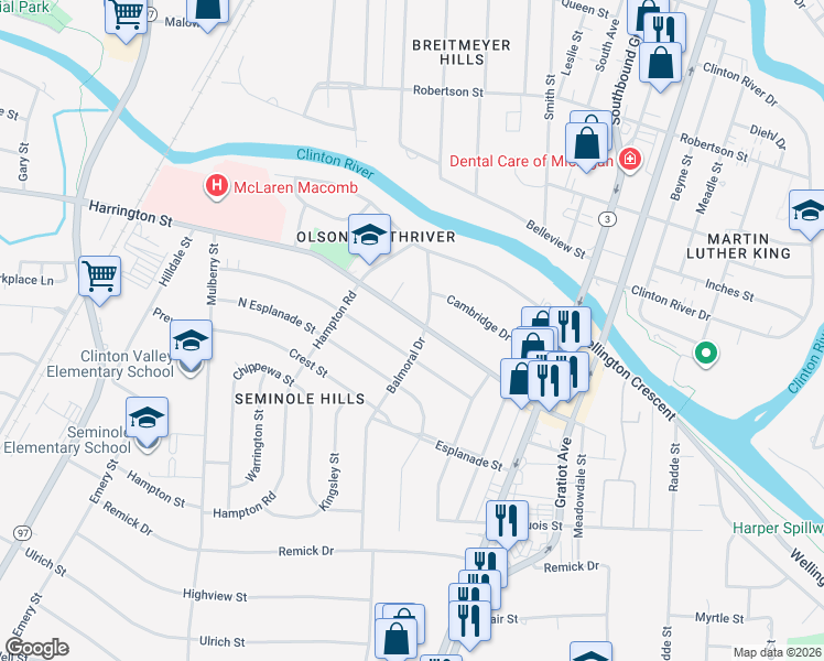 map of restaurants, bars, coffee shops, grocery stores, and more near 434 Huntington Street in Mount Clemens