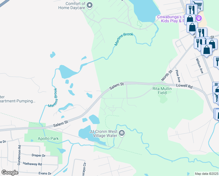 map of restaurants, bars, coffee shops, grocery stores, and more near Salem Street in North Reading