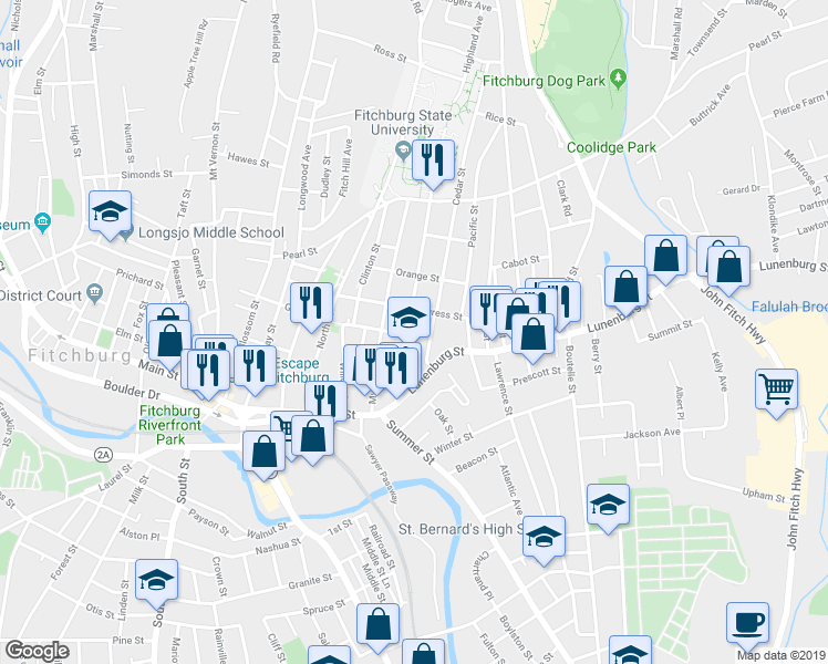 map of restaurants, bars, coffee shops, grocery stores, and more near 50 Highland Avenue in Fitchburg
