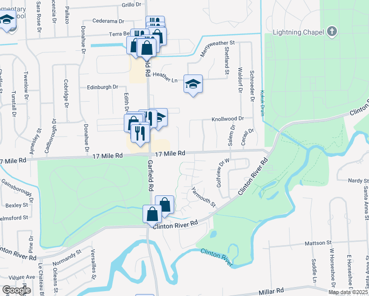 map of restaurants, bars, coffee shops, grocery stores, and more near 38833 Marblehead Court in Macomb County