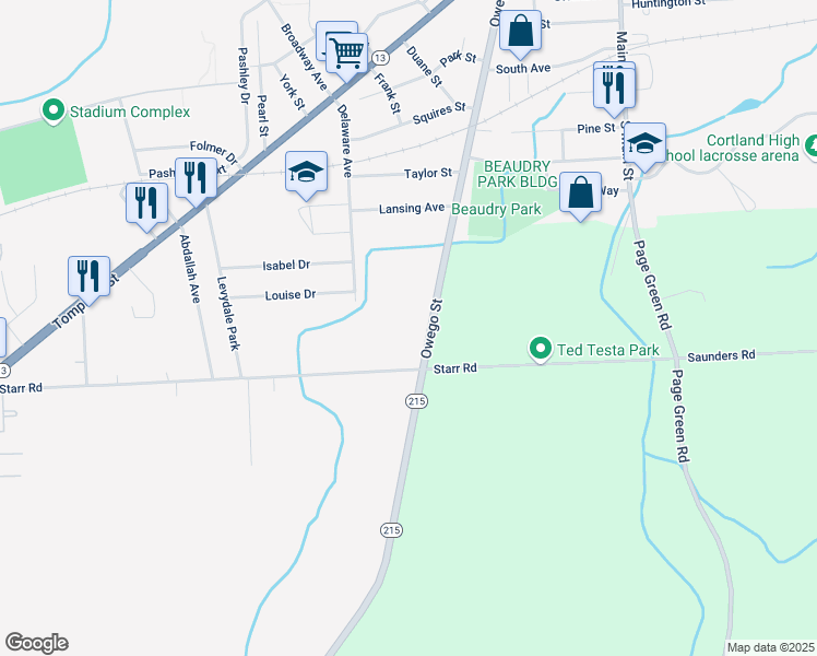 map of restaurants, bars, coffee shops, grocery stores, and more near 3651 New York 215 in Cortland