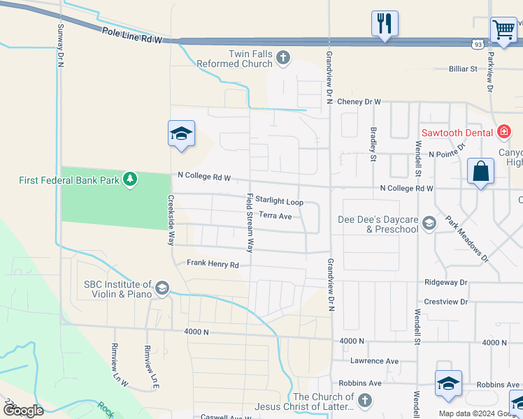 map of restaurants, bars, coffee shops, grocery stores, and more near 1098 Sunnybrook Avenue in Twin Falls