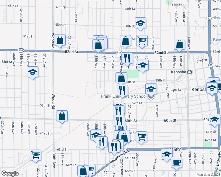 map of restaurants, bars, coffee shops, grocery stores, and more near 2300 56th Street in Kenosha