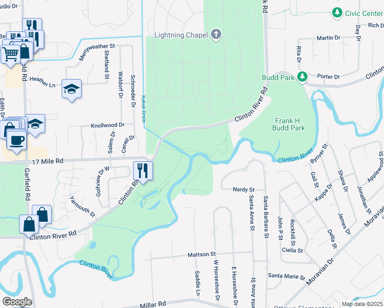 map of restaurants, bars, coffee shops, grocery stores, and more near 17600 Clinton River Road in Clinton Township