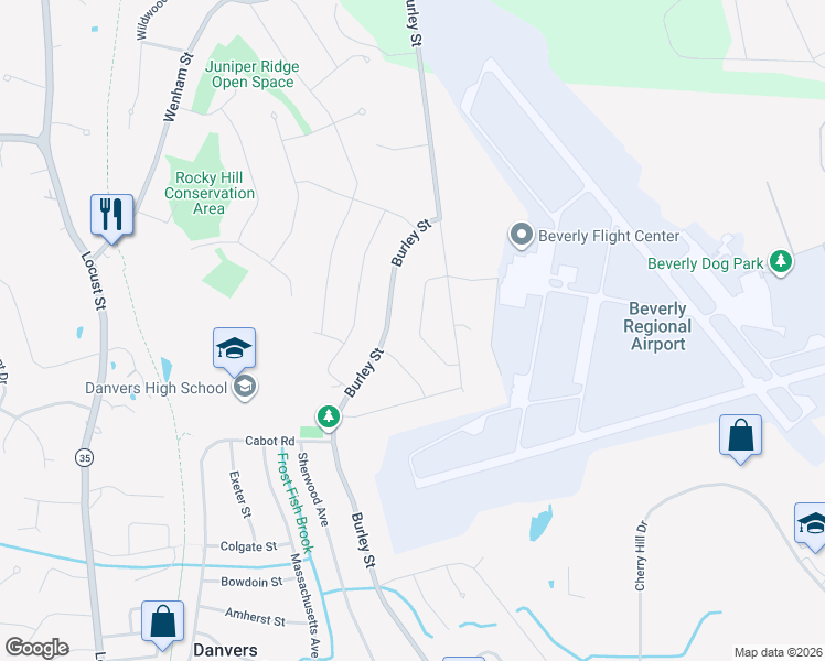 map of restaurants, bars, coffee shops, grocery stores, and more near 8 Tulane Road in Danvers