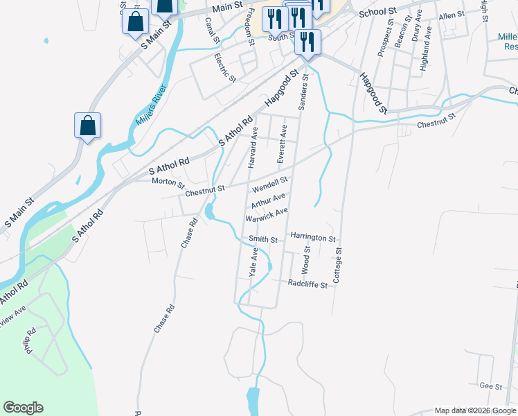 map of restaurants, bars, coffee shops, grocery stores, and more near 94 Warwick Avenue in Athol