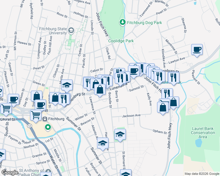 map of restaurants, bars, coffee shops, grocery stores, and more near 12 Berry Street in Fitchburg