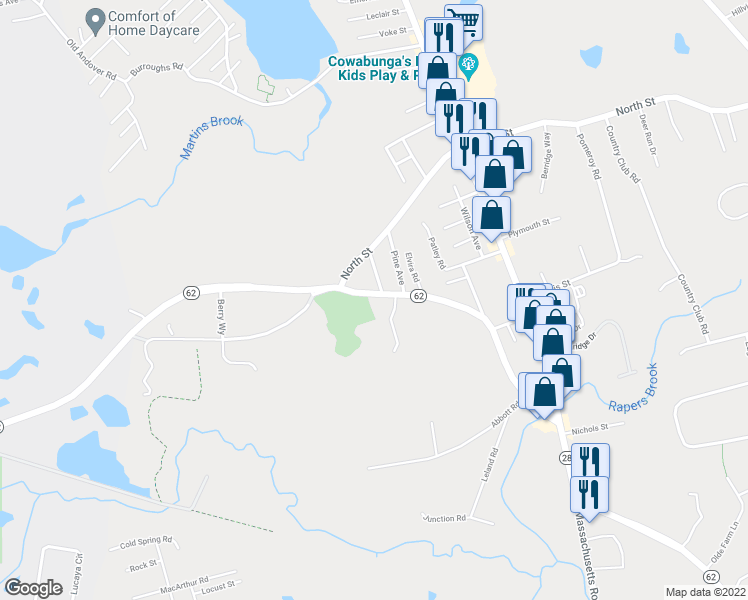 map of restaurants, bars, coffee shops, grocery stores, and more near 70 Lowell Road in North Reading