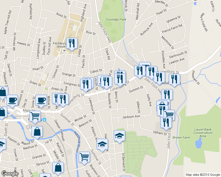 map of restaurants, bars, coffee shops, grocery stores, and more near 12 Berry Street in Fitchburg
