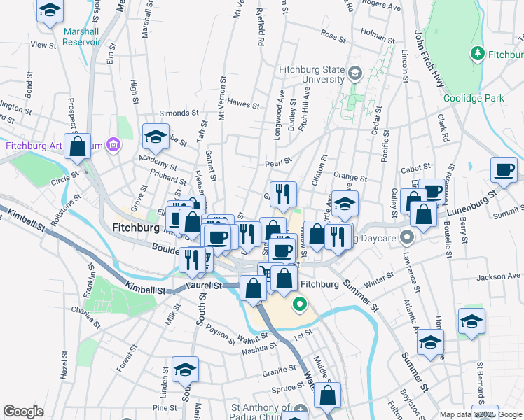 map of restaurants, bars, coffee shops, grocery stores, and more near 21 Union Street in Fitchburg