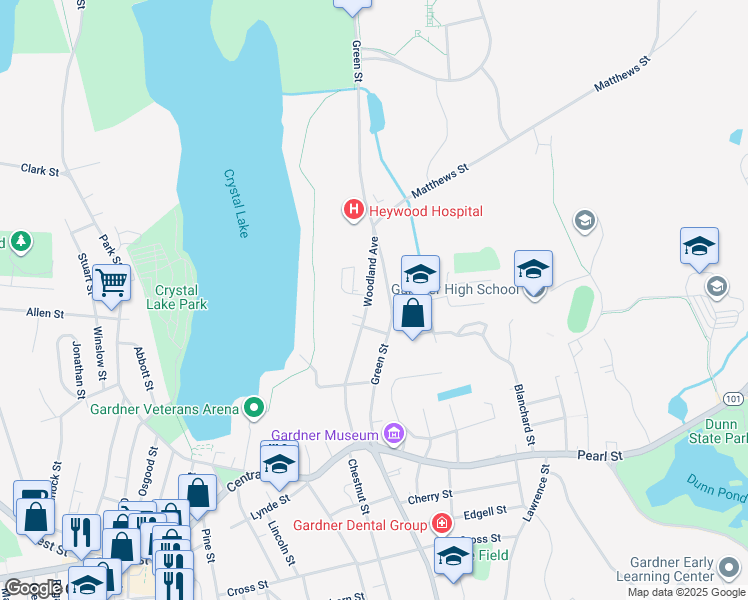 map of restaurants, bars, coffee shops, grocery stores, and more near 140 Woodland Avenue in Gardner