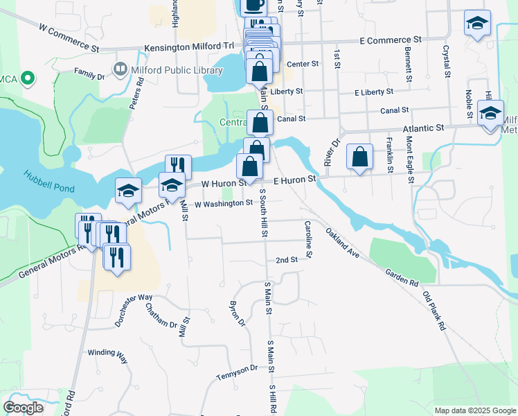 map of restaurants, bars, coffee shops, grocery stores, and more near 502 South Main Street in Milford Charter Township