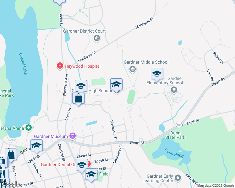 map of restaurants, bars, coffee shops, grocery stores, and more near 200 Catherine Street in Gardner