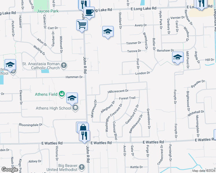map of restaurants, bars, coffee shops, grocery stores, and more near 2177 Hillcrescent Drive in Troy