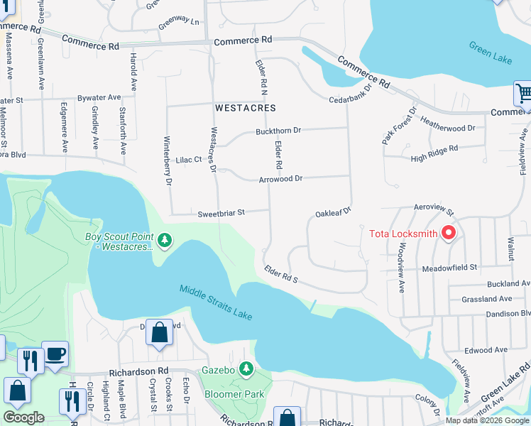 map of restaurants, bars, coffee shops, grocery stores, and more near 7369 Sweetbriar Street in West Bloomfield Township