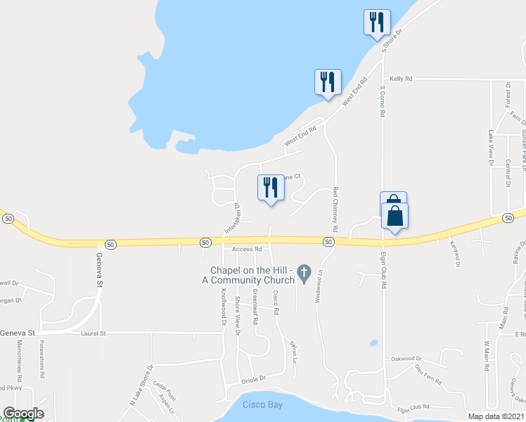 map of restaurants, bars, coffee shops, grocery stores, and more near W4240 Wisconsin 50 in Lake Geneva