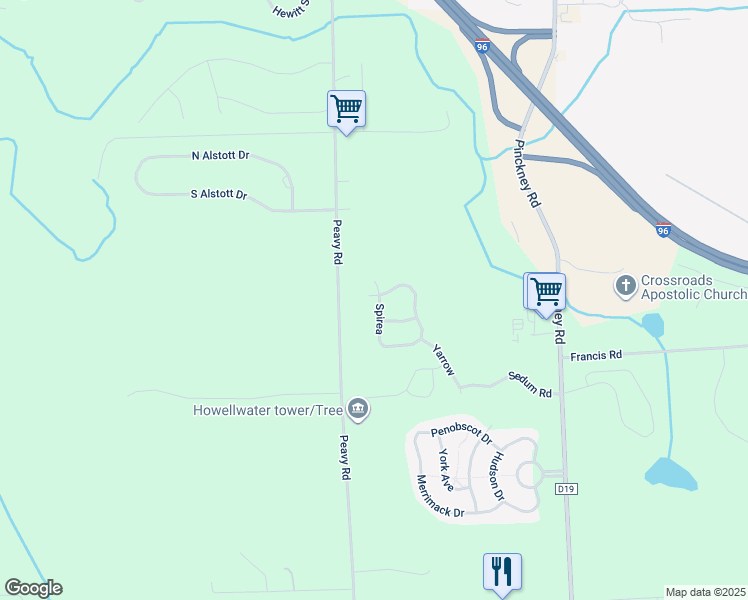 map of restaurants, bars, coffee shops, grocery stores, and more near 1257 Peavy Road in Howell