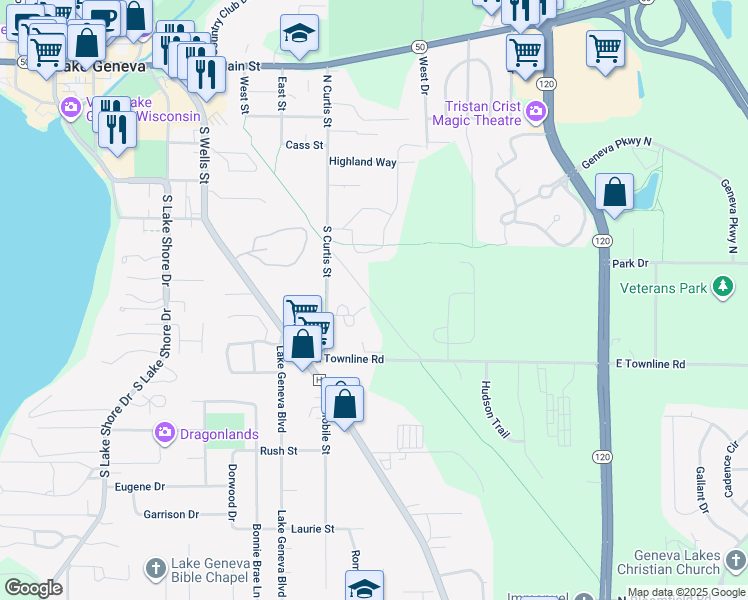 map of restaurants, bars, coffee shops, grocery stores, and more near 301 East Townline Road in Lake Geneva