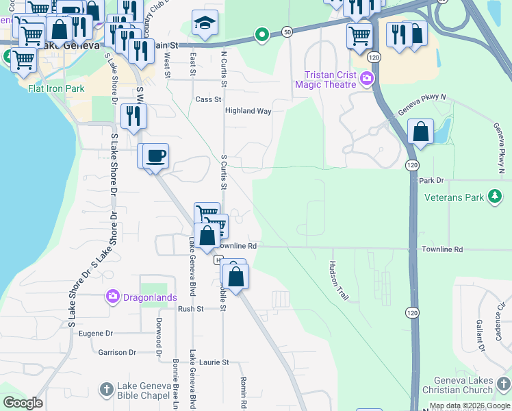 map of restaurants, bars, coffee shops, grocery stores, and more near 301 East Townline Road in Lake Geneva