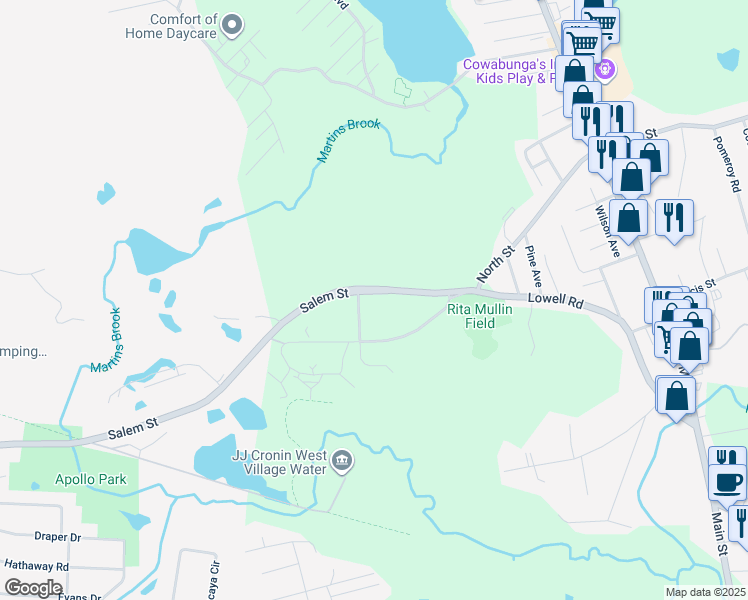 map of restaurants, bars, coffee shops, grocery stores, and more near 104 Lowell Road in North Reading