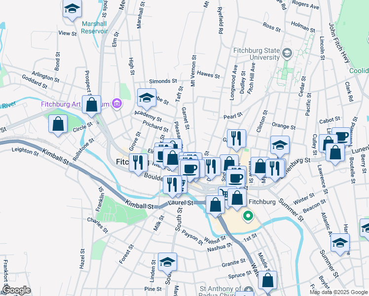 map of restaurants, bars, coffee shops, grocery stores, and more near 6 Garnet Street in Fitchburg