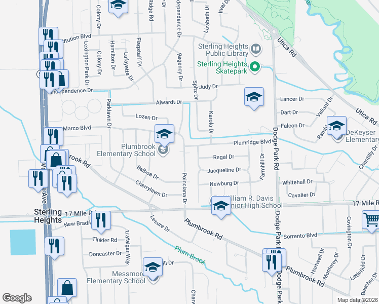 map of restaurants, bars, coffee shops, grocery stores, and more near 11145 Plumridge Boulevard in Sterling Heights