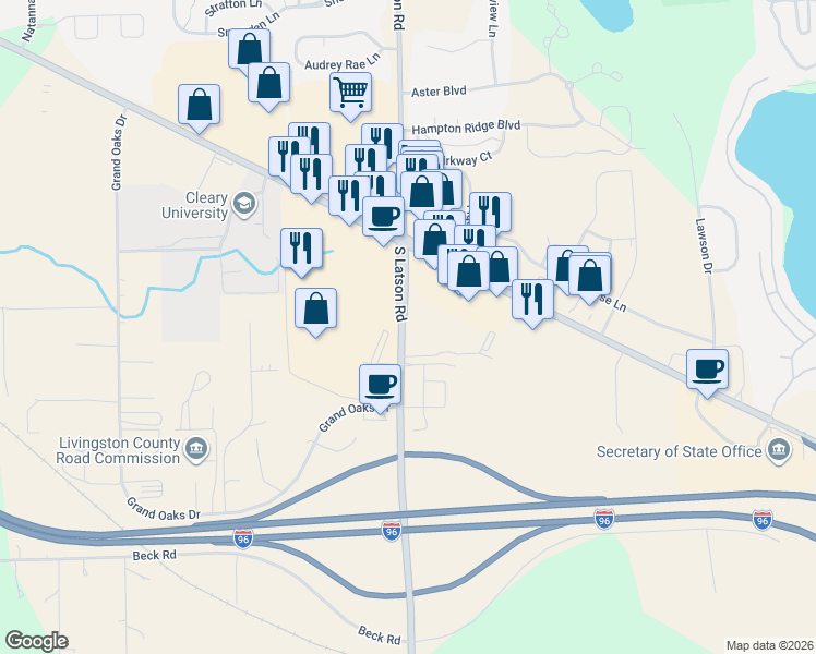 map of restaurants, bars, coffee shops, grocery stores, and more near 1015 South Latson Road in Howell