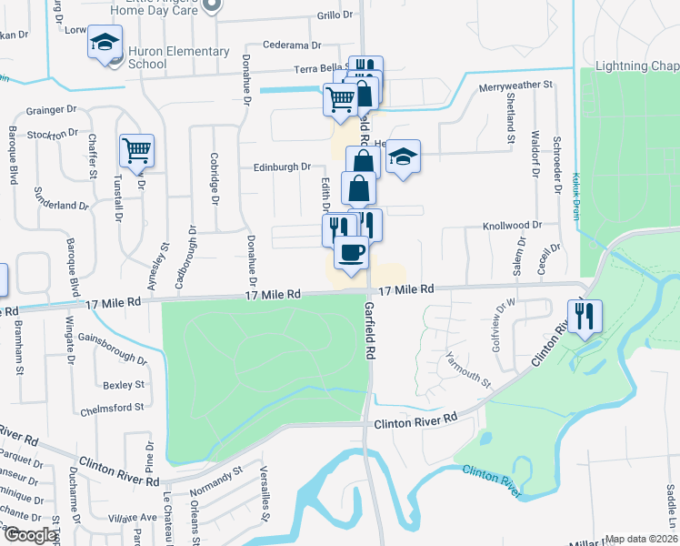 map of restaurants, bars, coffee shops, grocery stores, and more near 39101 Garfield Road in Charter Township of Clinton