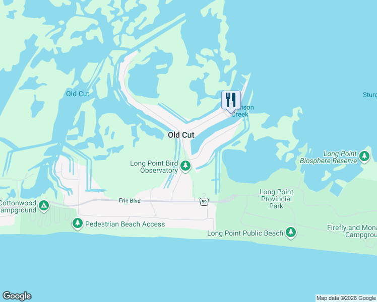 map of restaurants, bars, coffee shops, grocery stores, and more near 23 Old Cut Boulevard in Port Rowan