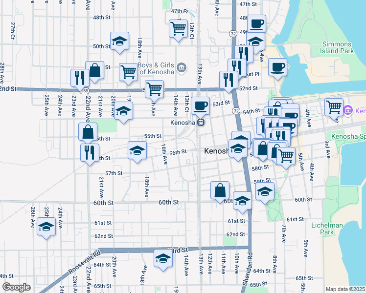 map of restaurants, bars, coffee shops, grocery stores, and more near 5430 14th Avenue in Kenosha