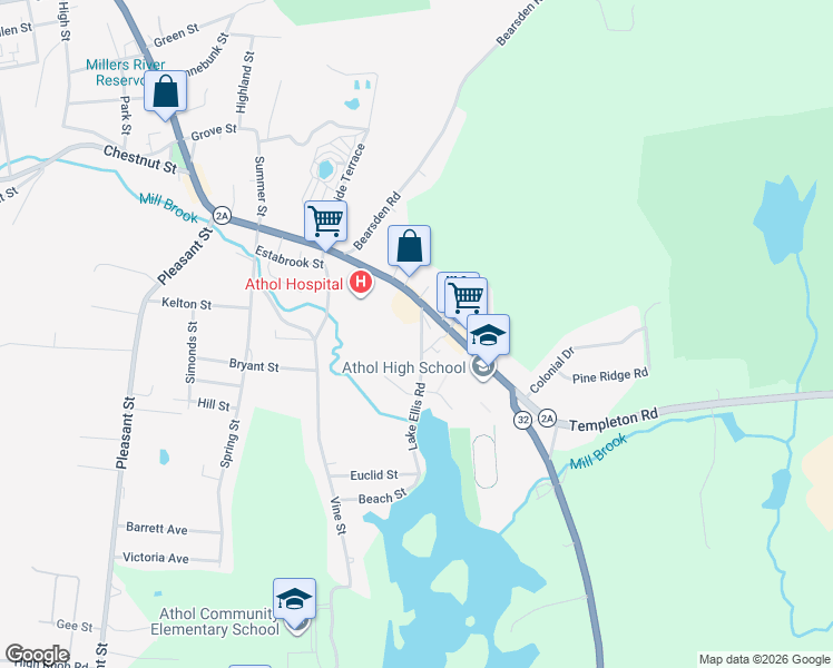 map of restaurants, bars, coffee shops, grocery stores, and more near 2143 Main Street in Athol